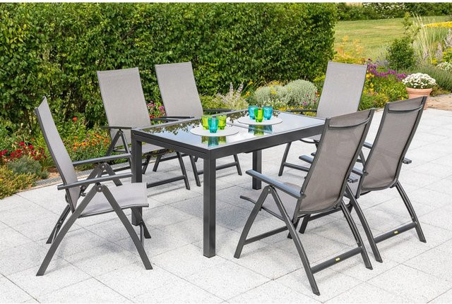Merxx Vicenza Gartenmöbel Set 7-teilig mit Ausziehtisch und Klappsesseln in Graphit und Diamantbraun aus Aluminium und Sicherheitsglas - Bild 1