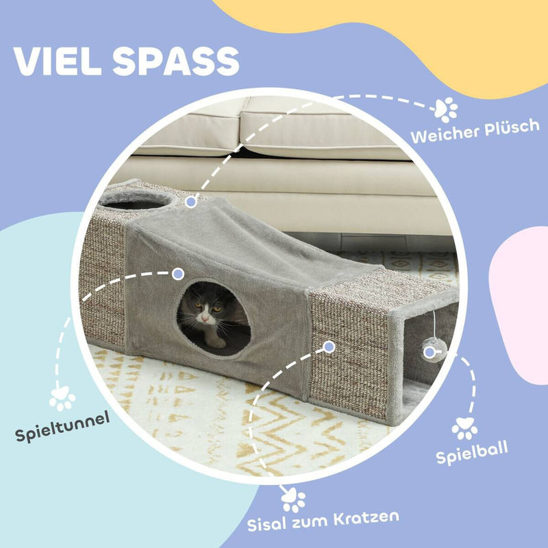 PawHut Katzentunnel mit Katzenhöhle und integriertem Spielzeug aus Sisal, Braun+Grau, B/H/L: 30 x 30 x 98 cm - Bild 3