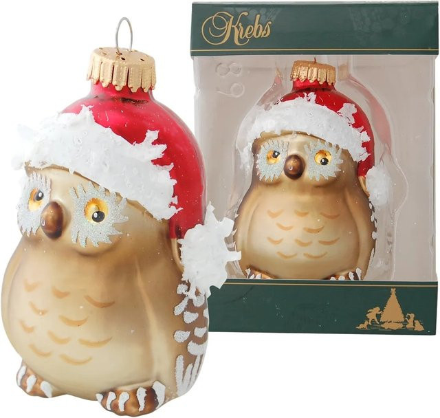 Krebs Glas Lauscha Eule mit Weihnachtsmütze als hängende Glasfigur in Mehrfarbig, Höhe: 8 cm - Bild 1