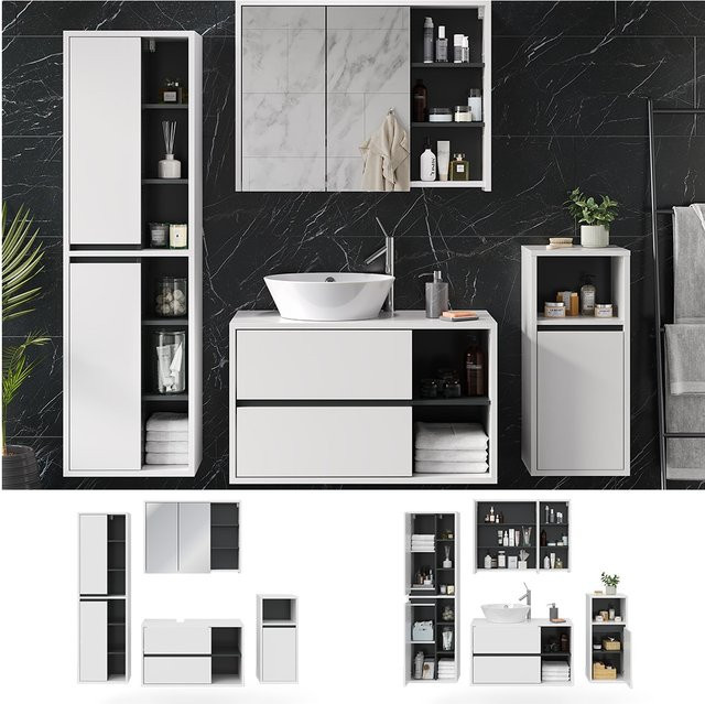 Vicco Badmöbelset Viola in Weiß und Anthrazit, modernes 4-teiliges Badezimmer-Set mit Spiegelschrank, Waschtischunterschrank, Midischrank und Hochschrank - Bild 1
