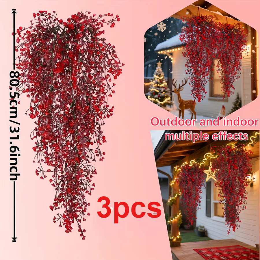 DUTRIEUX 3-teilige weihnachtliche Girlande mit roten Beeren und Blättern, UV-beständige künstliche Beerenrebe zum Aufhängen für drinnen und draußen, Rot und Gelb - Bild 1