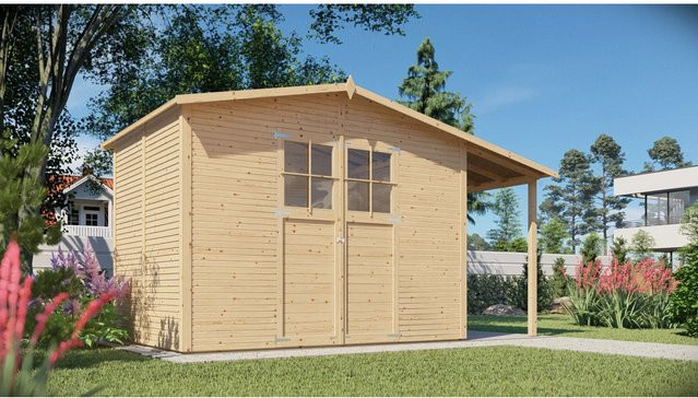 Bertilo Gerätehaus Plexi Apex 4 Plus in Natur mit Satteldach, B: 424 cm, T: 202 cm, H: 241 cm - Bild 1