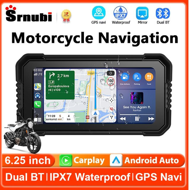 srnubi Tragbarer 6,25 Zoll Motorrad DVR mit Carplay, IPS-Touchscreen, GPS-Navigation und TPMS-Unterstützung, Schwarz, IPX7 wasserdicht - Bild 1
