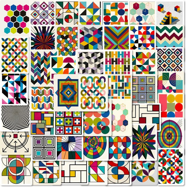56 oder 112 Stück Vintage geometrische Farbblock Doodle Aufkleber in Multicolour für Notebook, Helm und Skateboard, wasserdicht - Bild 1