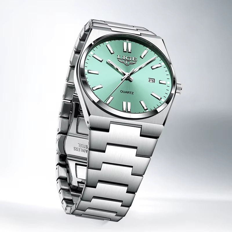 LIGE Armbanduhr Quarz, Edelstahl, Silber, Herren, Grün, Analoguhr - Bild 3