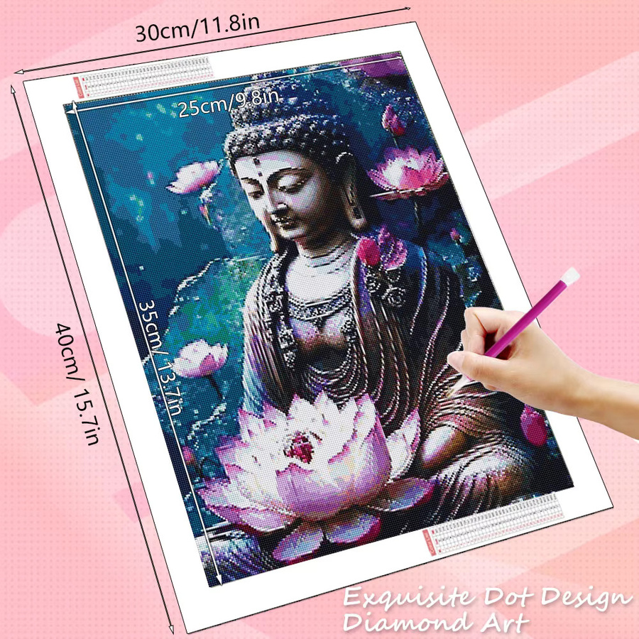 HUACAN Diamantmalerei Set Buddha Porträt mit Lotusblume in Multicolour, runde Wandkunst im orientalischen Stil, Durchmesser: 30 cm - Bild 2