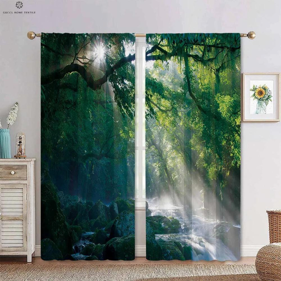 Yiran Furniture Dekorative Vorhänge mit Wald-Motiv in Grün, 2er-Set mit Tyndall-Effekt, halbtransparent, B: 50 cm, H: 130 cm - Bild 1