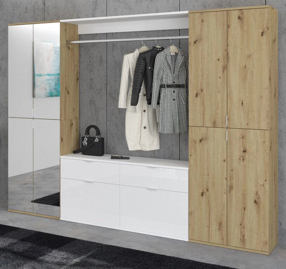 Garderobe mit Spiegel und Schuhschrank Line-Up von Inn.Furn in Eiche und Weiß Hochglanz, B/H: 243 x 193 cm - Bild 1