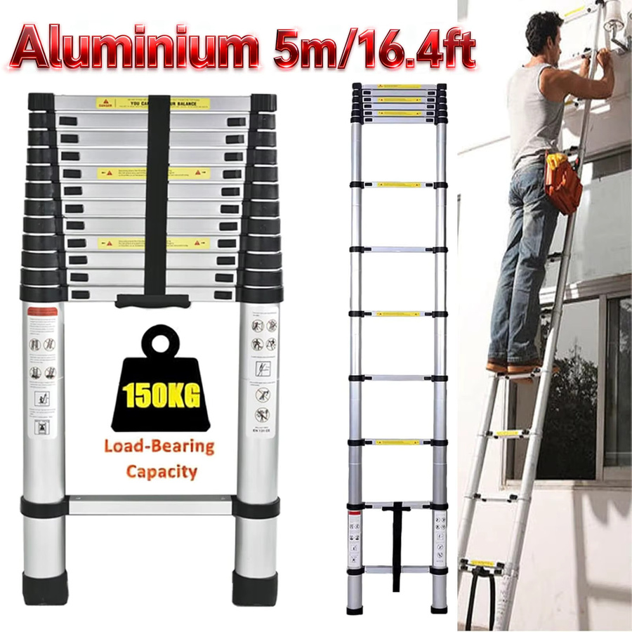 DayPlus Teleskopische Ausziehleiter aus Aluminium in Silber, 5m Mehrzweck Faltbare Aluminium-Teleskopleiter - Bild 2