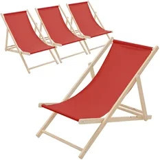 4er Set klappbare Liegestühle von ECD Germany aus behandeltem Hartholz in Rot mit verstellbarer Rückenlehne und Textilene-Bezug für Garten, Terrasse und Balkon - Bild 1