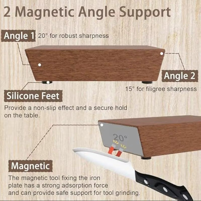 RSCHEF Messerschärfer-Set mit magnetischem Messerhalter aus Holz in Braun und Diamant-Schärfstein mit 15 und 20 Grad Winkelrolle - Bild 4
