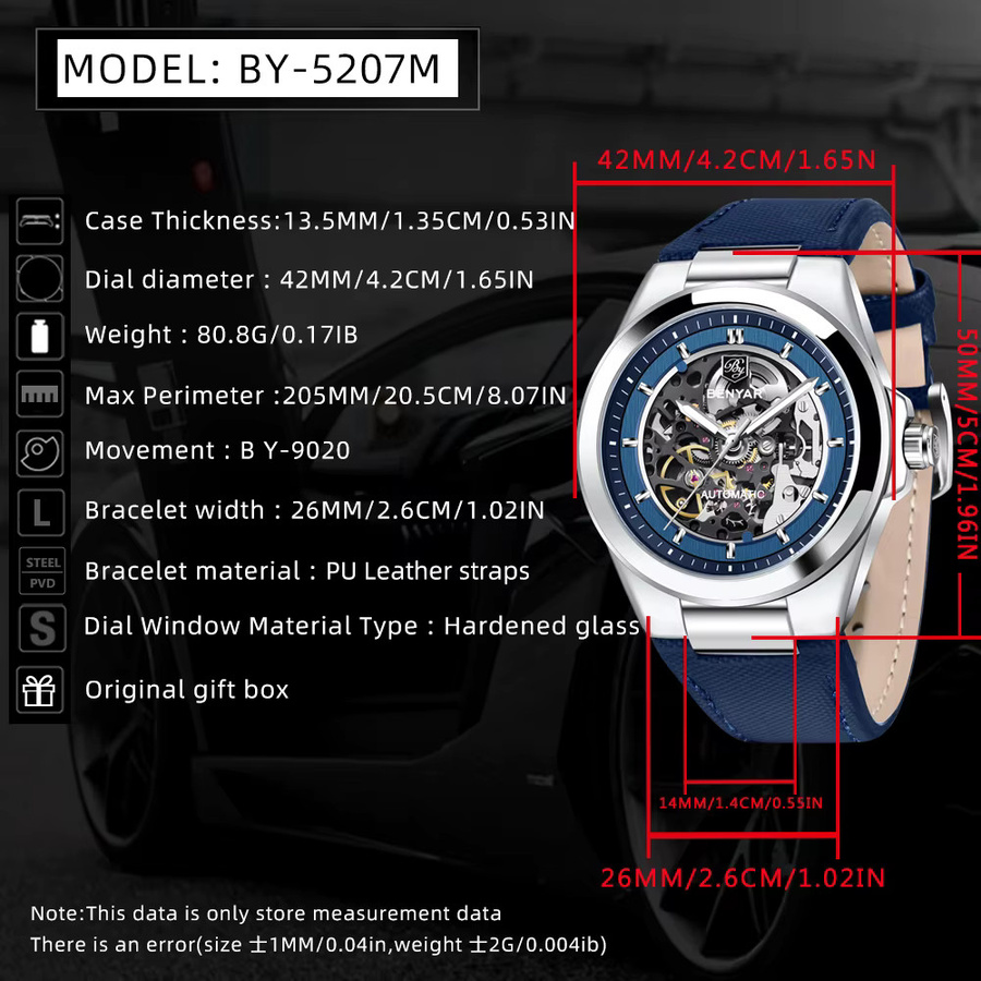 BENAYR Armbanduhr Automatik, Edelstahl, 42 mm, Blau, Herren - Bild 2