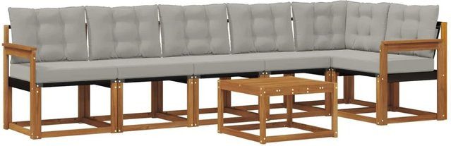 vidaXL Outdoor-Sofagarnitur 7-teilig aus Akazienholz und Textilene in Braun und Grau mit Kissen und Armlehnen im L-Shape Design - Bild 1