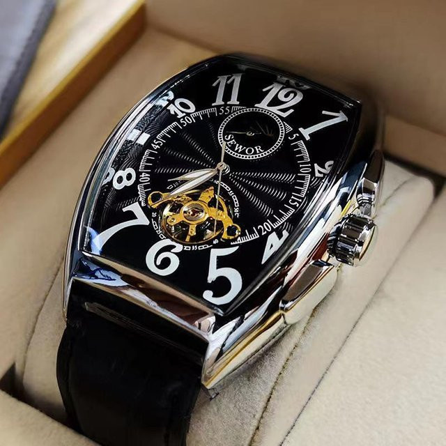 TopSky Armbanduhr Automatik, Tonneau, Edelstahl, Leder, Schwarz, Herren - Bild 1