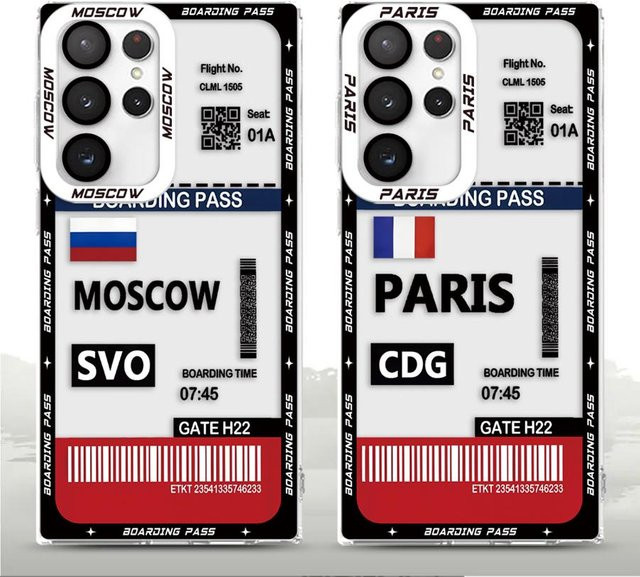 Weiche Handyhülle Moskau Paris Boarding Pass Design für Samsung Galaxy S22 S23 S24 S25 Ultra S21 Note 20 Plus Multicolor - Bild 1