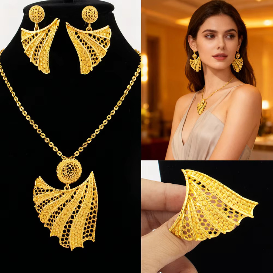 YM Schmuckset, Goldfarben, Halskette, Ohrringe, Ringe, Damen - Bild 4