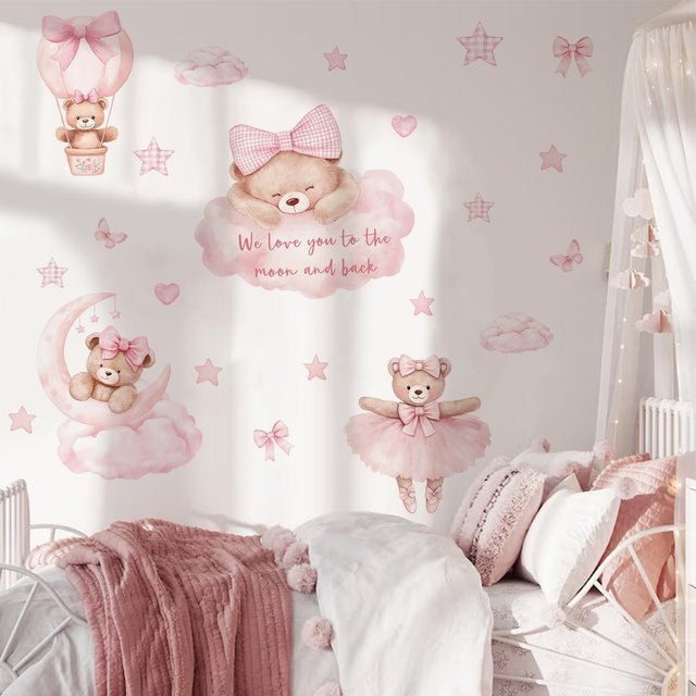 Kingsmile Wandaufkleber für Kinderzimmer mit Cartoon Rosa Bär, Wolken und Sternen aus Vinyl in Rosa - Bild 1