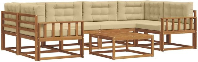 vidaXL Outdoor-Sofagarnitur L-Form aus Akazienholz mit 7 Kissen in Natur und Beige - Bild 1