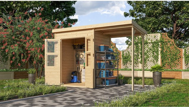 Karibu Gartenhaus Kano 2 Set mit Anbaudach aus naturbelassenem Fichtenholz - Bild 1