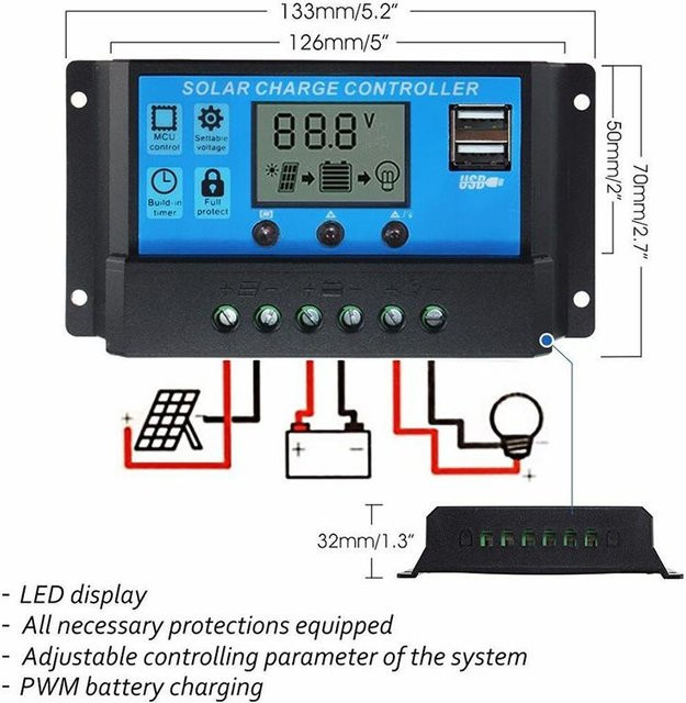 Happy Market Solarpanel-Controller mit LCD-Display und Dual-USB-Anschluss, 12 V/24 V, 60 A, Schwarz - Bild 1