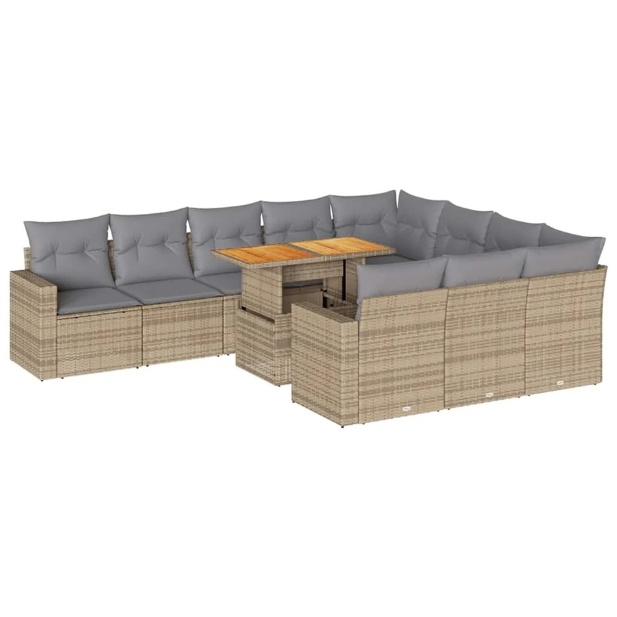 vidaXL 11-teilige Garten-Sofagarnitur in L-Form aus Polyrattan und Akazienholz mit Kissen in Beige und Grau - Bild 2