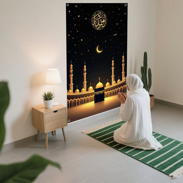 VIKAMA Moschee-Wandteppich mit Sternenhimmel in Schwarz, islamischer Wandbehang mit orientalischem Design für Wohnzimmer und Gebetsraum, Breite: 60 cm, Höhe: 40 cm - Bild 1