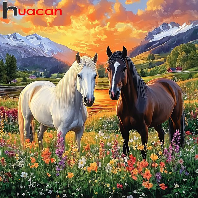 Huacan 5D DIY Diamantmalerei Pferde in Grasland-Blumen-Landschaft, Rundes Strass-Stickbild in Mehrfarbig - Bild 1