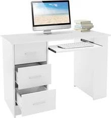 ML-Design Schreibtisch mit drei Schubladen, drei Regalen und Tastaturauszug in Weiß, B/T/H: 110 x 49 x 75 cm - Bild 1