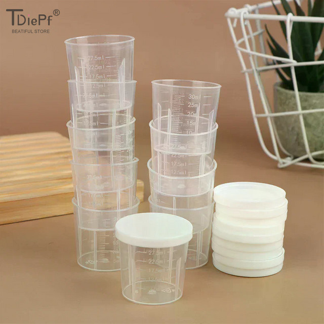 10er Set Kunststoff Messbecher mit Deckel, Klar, 20-100 ml - Bild 1