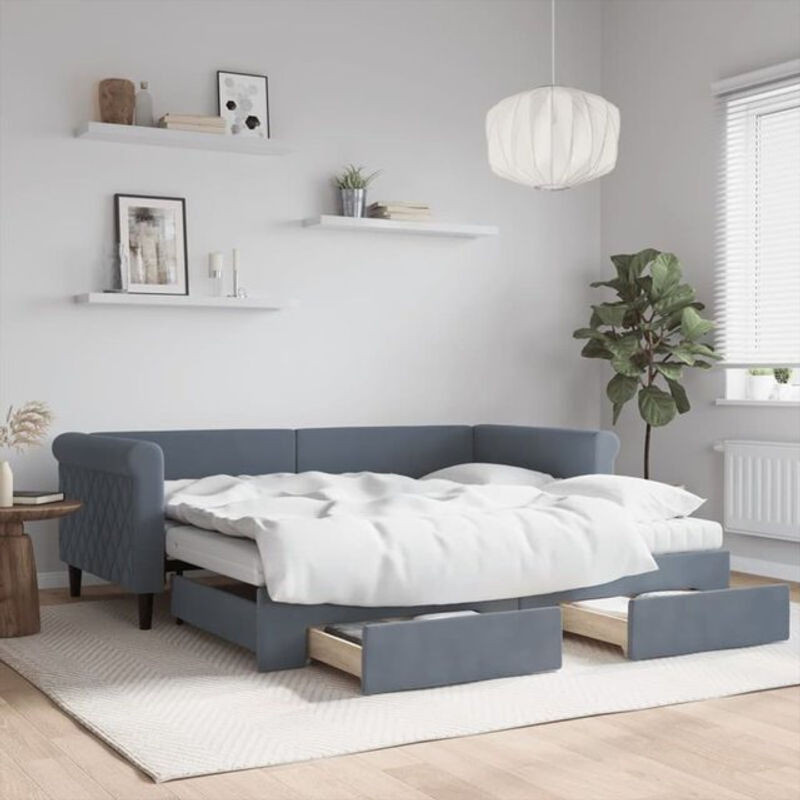 Vidaxl Funktionsbett aus Samt mit ausziehbaren Schubladen in Anthrazit Grau B/T/H: 90 x 190 cm - Bild 1