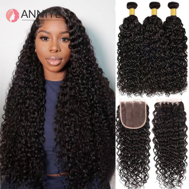 ANNIYE Kinky Curly Bundles mit 4x4 Lace Closure, Remy Echthaarverlängerungen, Naturfarbe - Bild 1