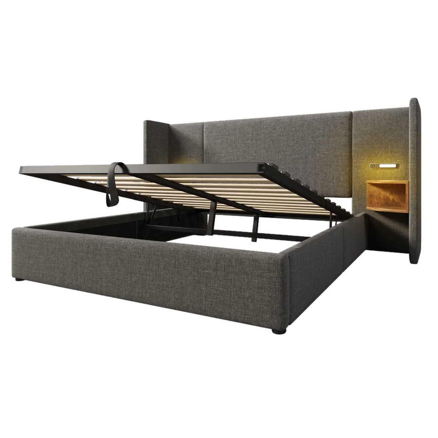 okwish Polsterbett Grau mit Nachttisch, Leselampe und USB Type-C Ladefunktion, B/T/H: 160 x 200 x 54,5 cm - Bild 2