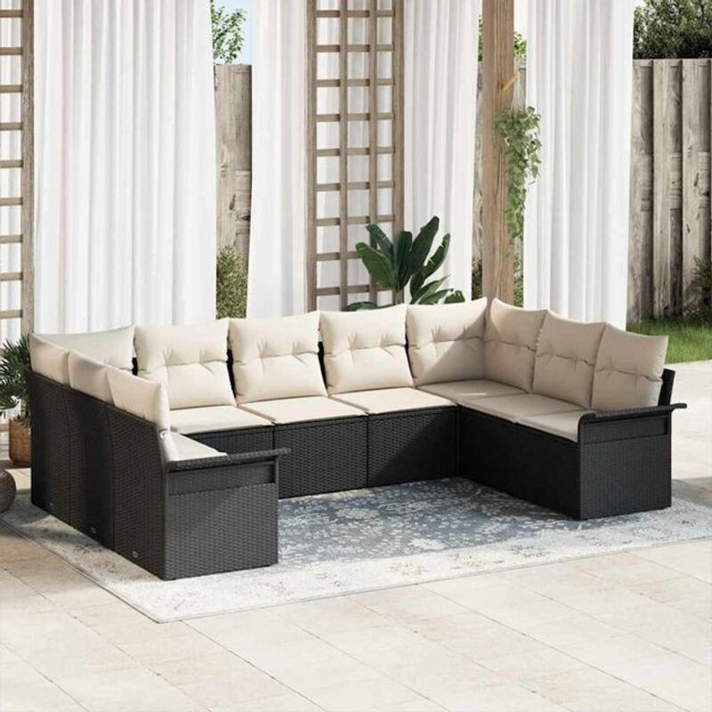 vidaxl Garten-Sofa-Set aus Poly-Rattan mit 9 Kissen in Schwarz und Beige - Bild 1