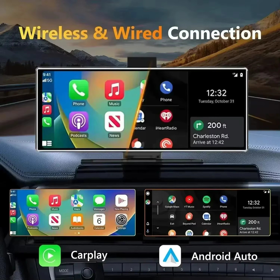 srnubi 4K Auto Dash Cam mit 11,26 Zoll Monitor, Dual Lens, Wireless CarPlay & Android Auto, GPS, 5G Wi-Fi, Schwarz - Bild 3