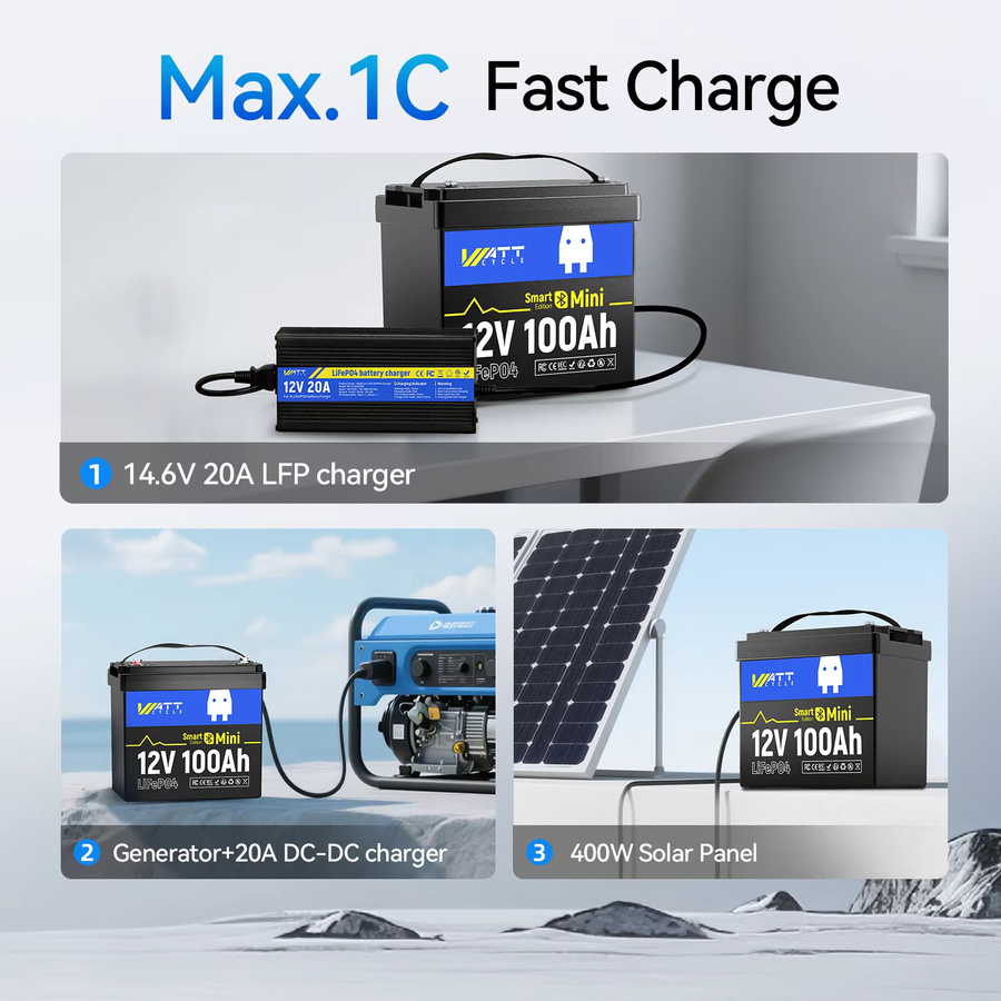 Wattcycle 12V 100Ah LiFePO4 Batterie mit Bluetooth, 1280Wh Kapazität, integriertes 100A BMS und Niedertemperaturschutz, Farbe: Schwarz - Bild 6