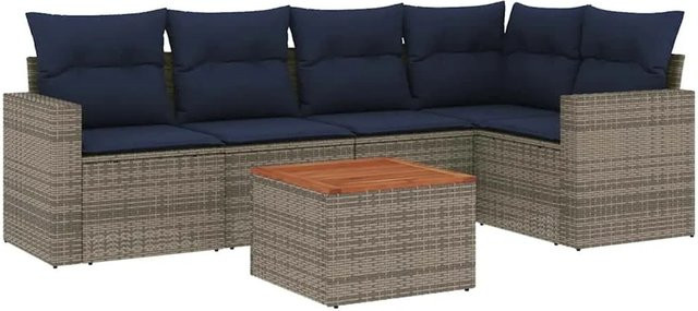 vidaXL 6-teilige Garten-Sofagarnitur aus Poly-Rattan und Akazienholz in Grau mit Kissen - Bild 1