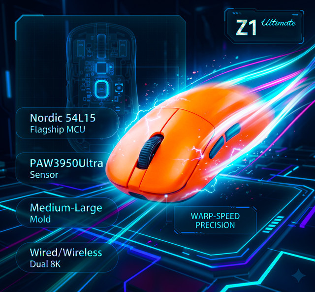 ATK Z1V2 Ultimate E-Sport Gaming Maus kabellos, PAW3950 Sensor, ultraleicht, ergonomisch rechtshändig, Schwarz - Bild 1