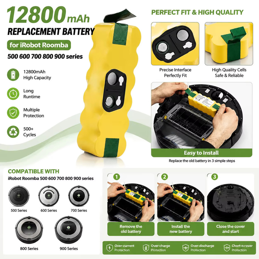 Ersatz Akku 14,4V 12,8Ah NI-Mh für iRobot Roomba 500 600 700 800 Serie in Gelb - Bild 2