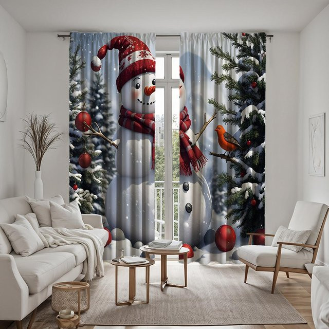 2er Set Weihnachts Vorhang mit Kiefer und Schneemann Motiv, digital bedruckt, Weiß und Schwarz, B: 132 cm, H: 160 cm - Bild 1