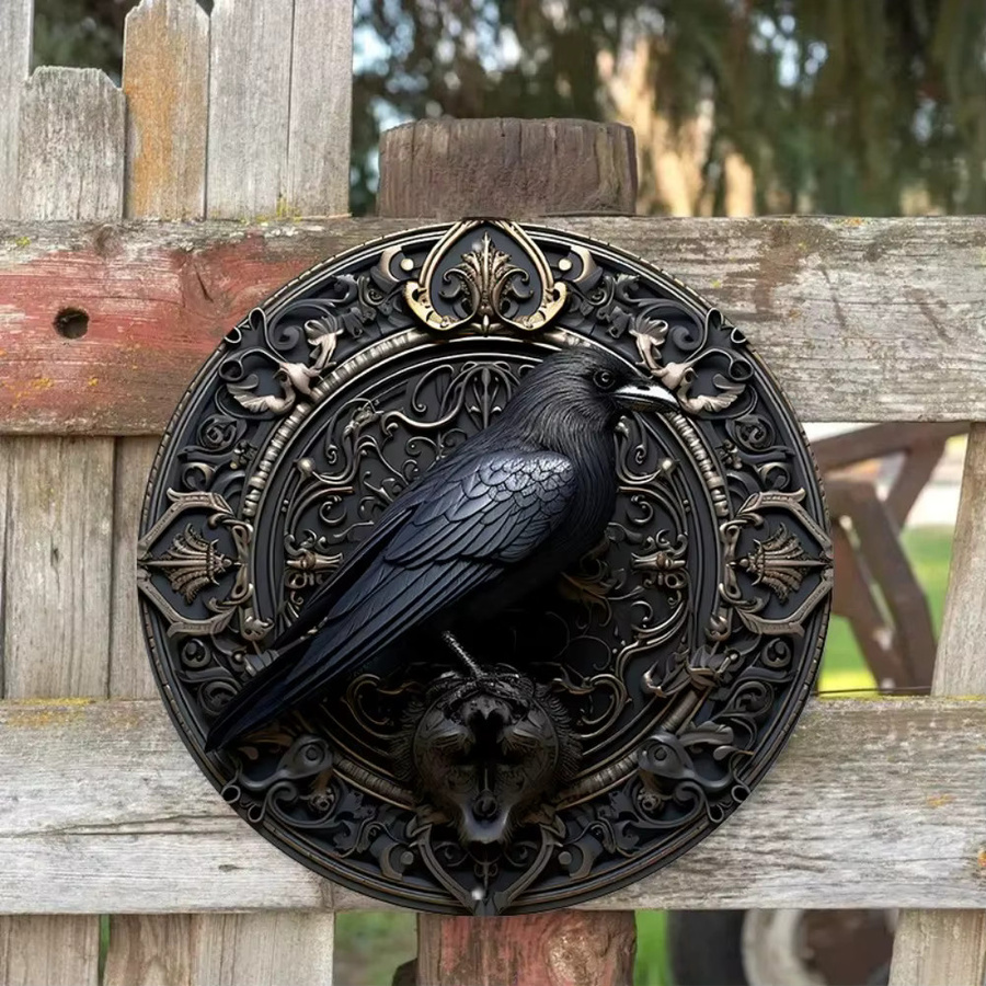 Potdemiel Gothic Crow Aluminium-Wandkunst, rundes Metallschild in Schwarz, Durchmesser: 20,3 cm - Bild 2