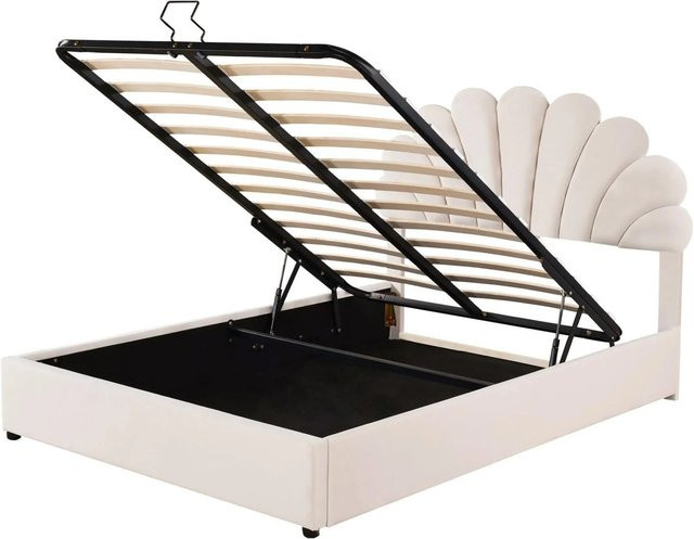 Merax Polsterbett mit Stauraum und Hydraulik aus Samt in Beige, B/T/H: 140 x 200 x 119 cm - Bild 1