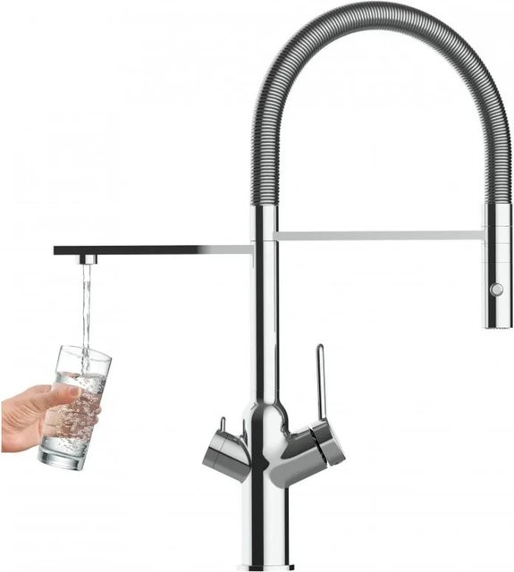 VIZIO Küchenarmatur mit 3-Wege-Wasserhahn, verchromt, mit 360° schwenkbarem Auslauf und abnehmbarer 2-Strahl Handbrause in Silber - Bild 1