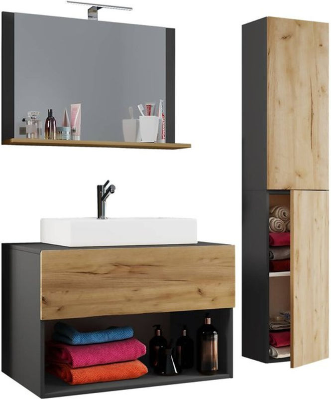 VCM Möbel Waschplatz Lendas 4-teilig in Anthrazit und Eiche Honig Nachbildung mit Weiß, B/H/T: 80 x 150 x 52 cm - Bild 2