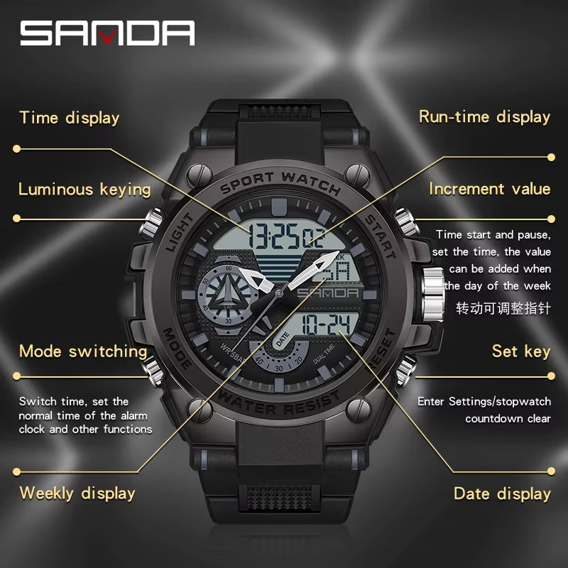 SANDA Armbanduhr, Analog-Digital, Quarz, Silikon, Herren, Schwarz - Bild 2