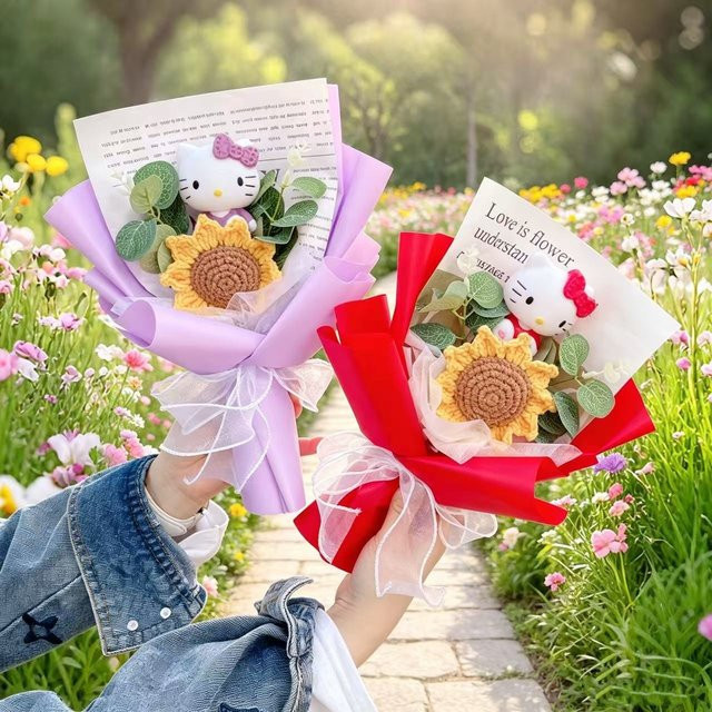 Künstliche gehäkelte Sonnenblumen-Bouquet mit Sanrio Hello Kitty Design - Bild 1