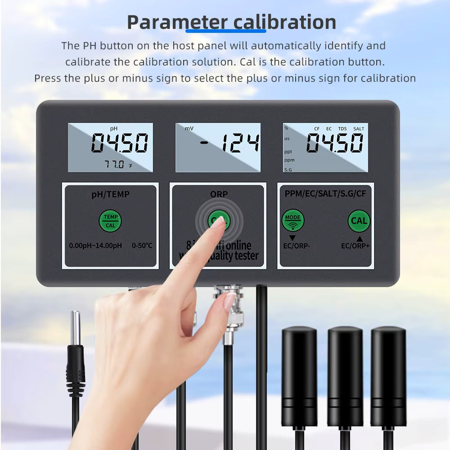 Tuya Wifi 8-in-1 Digitaler Wasseranalysator in Schwarz mit PH EC TDS Salz ORP CF S.G Temperatur Messung via App Remote Online Wasserqualitätsmonitor - Bild 5