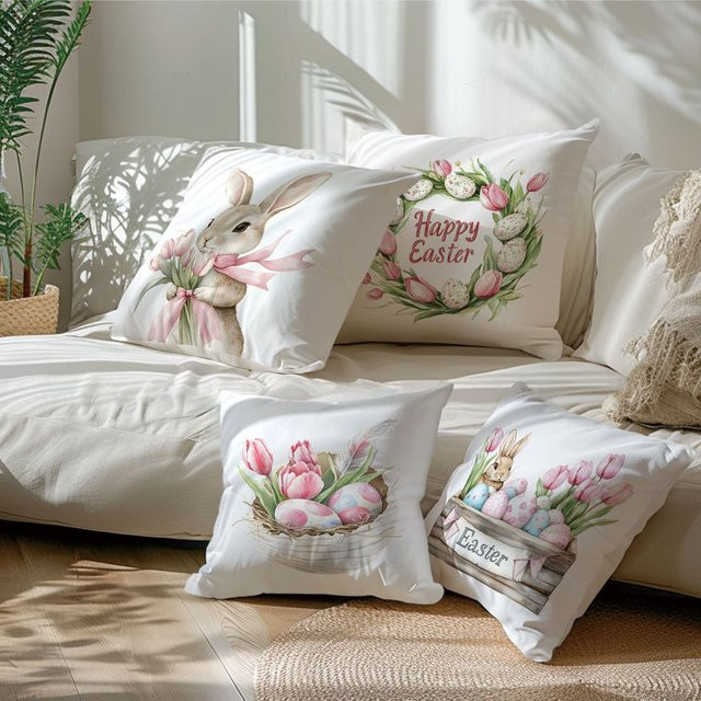 VIKAMA 4-teiliges Osterhasen-Kissenbezug-Set, quadratisch, weiß, doppelseitig bedruckt, Breite: 45 cm x Tiefe: 45 cm - Bild 1