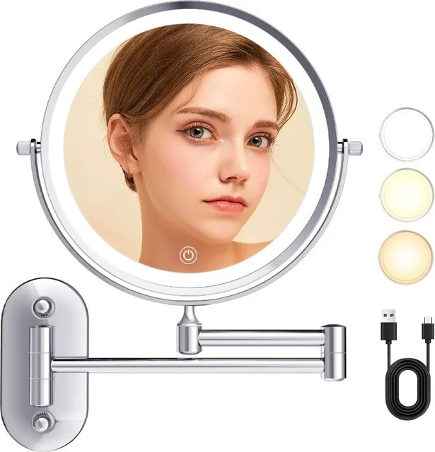 TUSETU Wandmontierter Schminkspiegel mit LED-Beleuchtung, 8 Zoll Rundspiegel mit 10-facher Vergrößerung für Badezimmer und Schminktisch, Silber/Schwarz - Bild 1