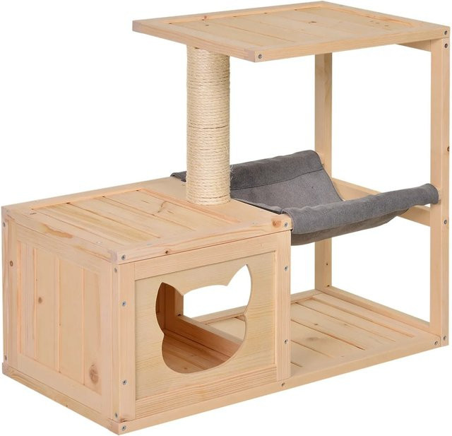 PawHut Katzenhaus aus Tannenholz mit Hängematte und Sisal-Kratzbereich, beige, B/T/H: 70 x 60 x 35 cm - Bild 1