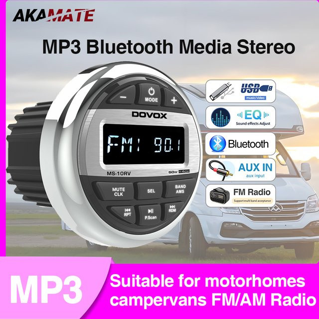 AKAMATE Bluetooth Autoradio mit MP3 und EQ für Wohnmobil, Boot und Marine in Schwarz mit 200W Leistung und AM/FM Antenne - Bild 1